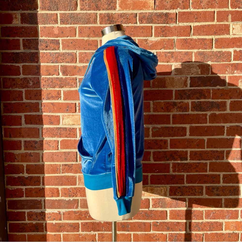 Aviator Nation Turquoise Velvet Full Zip Sweatshirt Hoodie Small Rainbow Stripes - Picture 5 of 13